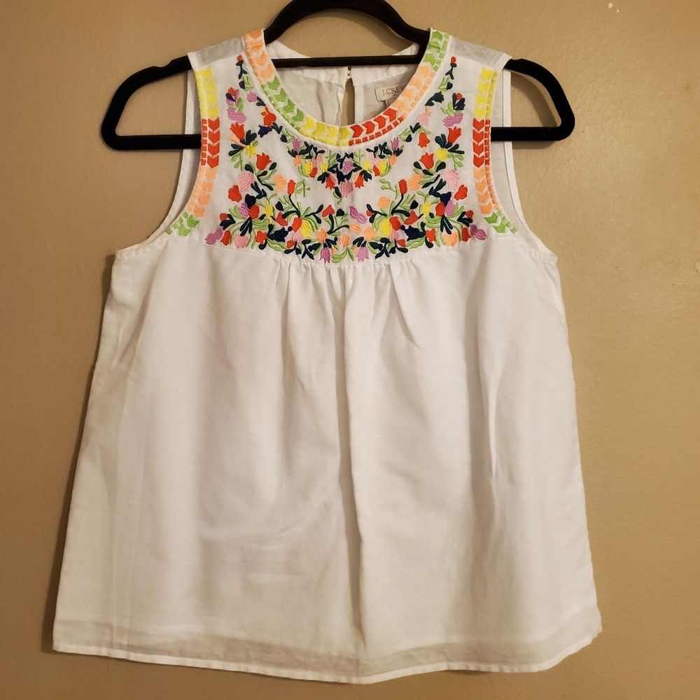 J.CREW Factory White Linen Blend Floral Embroidered Boho Tank Blouse Women's 0